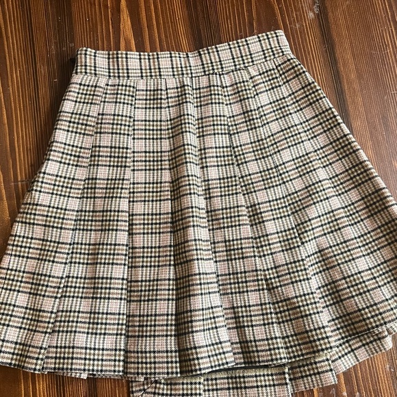 Maje Mini Skirt Pleated Plaid Asymmetrical Sz EU34/ 2 Brown Clueless Preppy - Picture 3 of 8